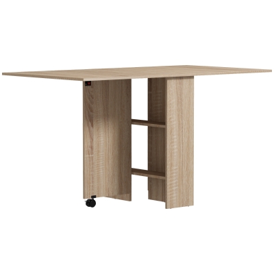 HOMCOM Klapptisch mit Rollen, 2 klappbare Tablettablagen und 2 integrierten Regalen 140 x 80 x 74 cm Natur
