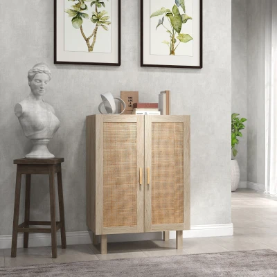 HOMCOM Buffet hoch Schrank Bohème Design doppelte Türen mit 3 Regalen in Rattan - 73 x 41 x 102 cm