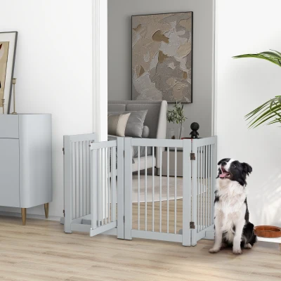 PawHut Barrière pour Chiens Autoportante, 4 Panneaux, en Pin, Flexible, 204L x 36B x 75H cm, Gris Clair