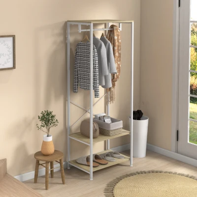 HOMCOM Garderobenschrank mit Stange und 2 Schuhregalen 60L x 40B x 167,5H cm Hellbraun Holzoptik Weißes Metall