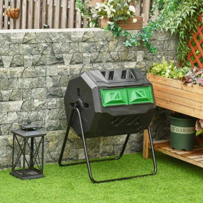 Outsunny Composteur avec 2 Compartiments, Capacité de 160 L, rotatif, 71 cm x 65 cm x 96 cm, Vert + Noir