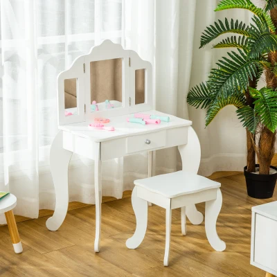 HOMCOM Kinderschminktisch mit Hocker, dreiteiligem Spiegel und ausziehbarer Schublade - Schminktisch Maße 63L x 40B x 85,5H cm - Weiß Acryl