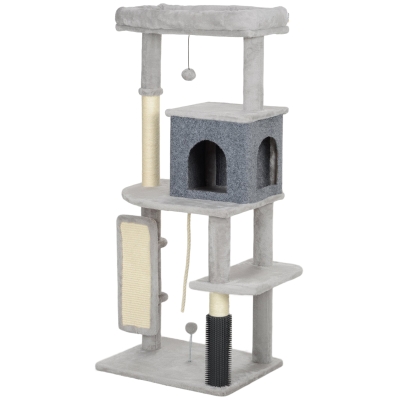 PawHut Arbre à chat de 132 cm avec poteaux à griffer, lit, maison, plateformes de saut, brosse de soins, gris clair
