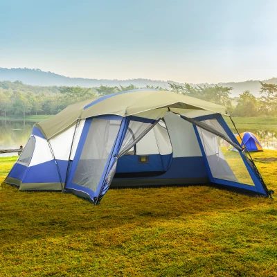 Outsunny Tente de Camping 6-8 Personnes Tente Familiale avec Auvent 2 Fenêtres Tente Dôme Polyester 3000mm pour Randonnée Festival Fibre de Verre Bleu 518 x 487 x 237 cm