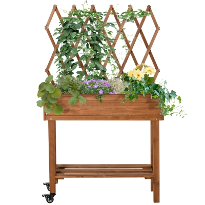 Outsunny Potager surélevé, treillis intégré, étagère de rangement, roues, bois massif, marron, 79 x 29 x 130 cm