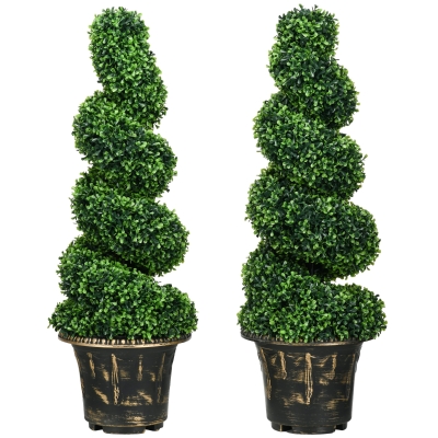 HOMCOM Arbre de buis en spirale, Ensemble de 2 Plantes Artificielles, avec Pot, Hauteur de 90 cm, Vert