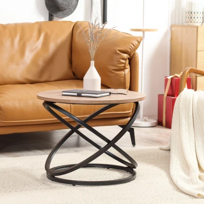 HOMCOM Runder Couchtisch im Industriedesign aus schwarzem Metall und Holzplatte - Ø 60 x 46H cm