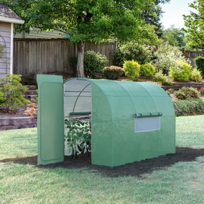 Outsunny Gewächshaus-Tunnel für den Garten 6 m² Verzinkter Stahl verstärkt Durchmesser 2,5 cm + PE Hochdicht Fenster Tür Grün