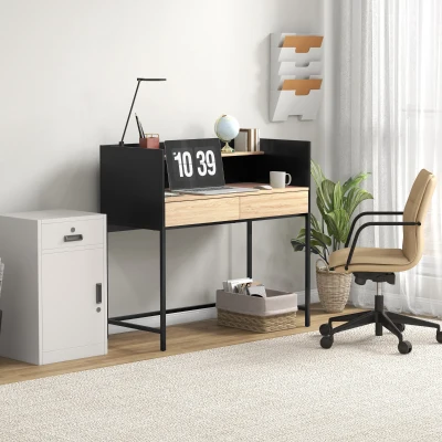 HOMCOM Moderner Design-Schreibtisch, 1 Regal, 2 Schubladen, schwarzes Metallgestell, Holzpartikeln, Maße 106 B x 51,5 T x 102,5 H cm