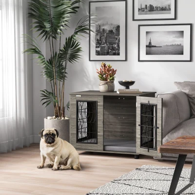 PawHut Cage pour Chiens avec Coussin, jusqu'à 20 kg/50 cm de longueur corporelle, en Métal, 80x56x63 cm, Gris/Décor bois