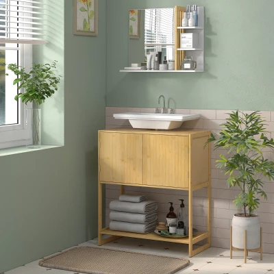HOMCOM Badezimmer Unterschrank aus Bambus und MDF Waschtischmöbel 2 Türen und 1 Regal - 70B x 33T x 79,5H cm