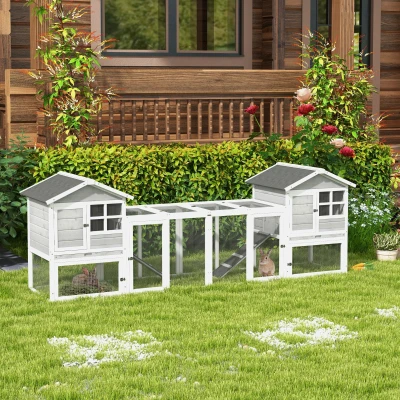 PawHut Clapier pour Petits Animaux, Clapier pour Lapins, Enclos extérieur, Cage, Rampe, bacs à litière amovibles, Blanc + Gris