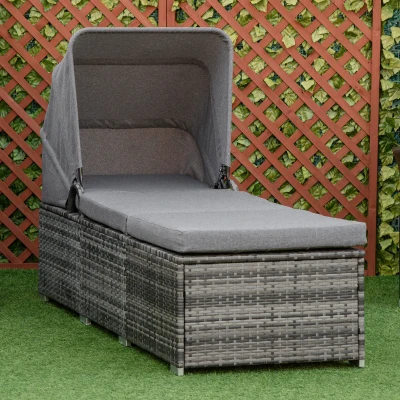 Outsunny Chaise longue en rotin polymère avec auvent Transat de jardin réglable Lit de jardin en rotin Mobilier de jardin avec coussins Gris 195 x 65 x 40 cm