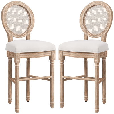 HOMCOM Set mit 2 Barhockern im Medaillon-Stil des Louis XVI, massives geschnitztes Kautschukholz, patiniert, Leinenoptik 48 x 56 x 118 cm Creme