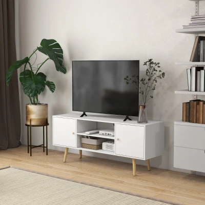 HOMCOM TV-Möbel im skandinavischen Stil 2 Türen 2 Fächer Kabeldurchlass Beine aus Kiefernholz Spanplatten Weiß - 120 x 34 x 50 cm weiß