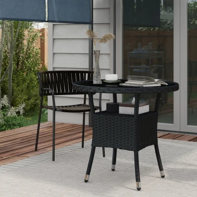 Outsunny Gartentisch rund aus geflochtener Rattanimitat-Resine und gehärteter Glasplatte mit 1 Regal im gemütlich-schicken Stil Ø80 x 75H cm