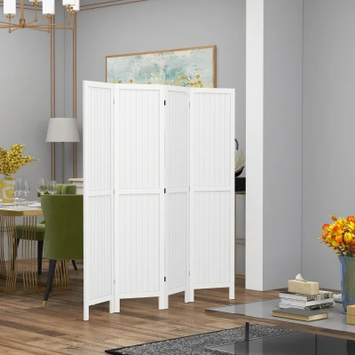 HOMCOM Innenraum-Trennwandschirm aus Holz, faltbarer 4-Panel-Paravent aus Holz, 160 x 170 cm, weiß