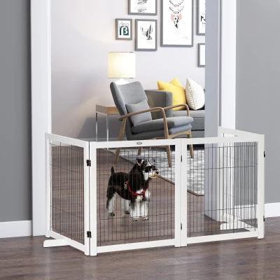 PawHut Barrière de Protection en Bois pour Porte pour Chiens Barrière de Sécurité pour Chien Pliable Bidirectionnelle en Acier Blanc 305 x 35,5 x 82 cm