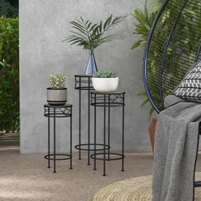 Outsunny Set aus 3 Blumentopfhaltern Pflanzenständer rund Blumenregal stapelbar - Rattanoptik Tablett