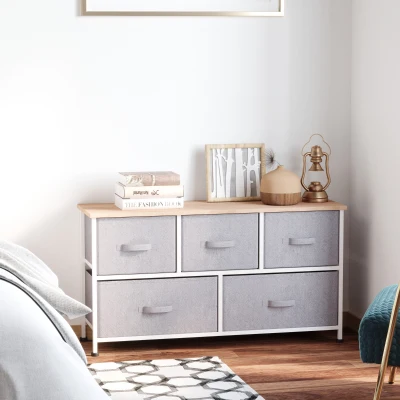 HOMCOM Kommode Aufbewahrungsmöbel 100 x 30 x 54 cm 5 nicht gewebte Schubladen grauer Stahlrahmen weiß helles Holz