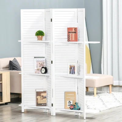 HOMCOM Innenraum-Paravent 4 Paneele 160L x 170H cm 3 Regale Faltbarer Raumteiler Jalousietüren Paulownia-Holz Weiß