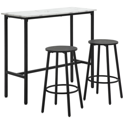 HOMCOM Ensemble de bar pour 2 personnes, 1 table avec 2 tabourets de bar, Plateau de table aspect marbré blanc, Cadre en acier