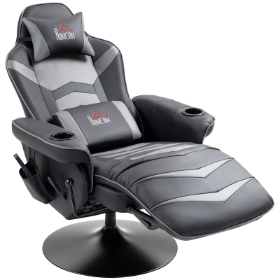 HOMCOM Fauteuil Gaming, Fonction Massage, dossier inclinable, repose-pieds, jusqu'à 120 kg, cadre en acier, simili cuir, Gris