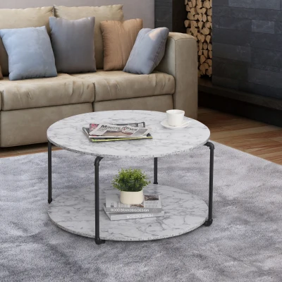 HOMCOM Couchtisch Rund mit Regal Ø 80 x 45H cm Spanplatten Marmorimitat Weiß Metall Schwarz