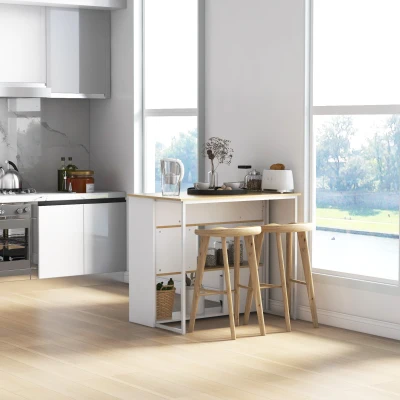 HOMCOM Kücheninsel 3 moderne Regale und Messerblock aus Edelstahl 105 x 65 x 90 cm, Weiß und Natur