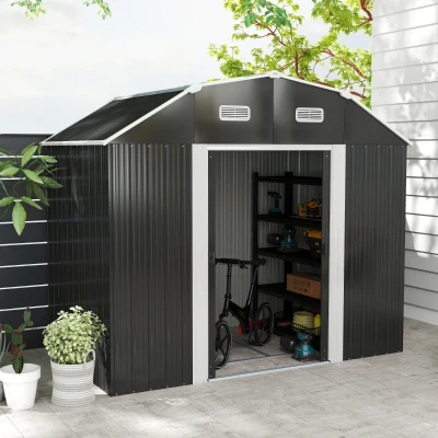 Outsunny Abrigo de Jardim 2,7 m² 238x132x198,5 cm com Base Prateleiras Ajustáveis 2 Portas e 2 Janelas de Ventilação Cinza Escuro