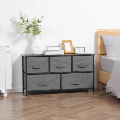 HOMCOM Kommode Aufbewahrungsmöbel 100 x 30 x 54 cm 5 Schubladen nicht gewebt Dunkelgrau Stahlstruktur Schwarz Holzoptik