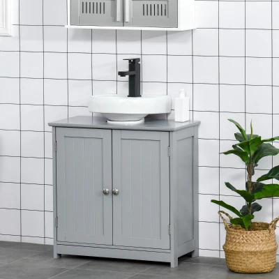 kleankin Badezimmer-Unterschrankmöbel - Waschtischmöbel - Schrank 2 Türen mit Regal 60L x 30B x 60H cm - in grauem Holz