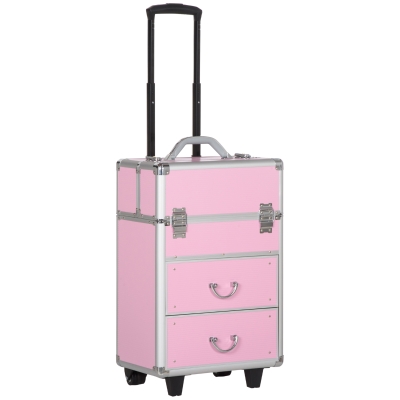 HOMCOM Kosmetikkoffer Trolley Make-up Koffer Kosmetikkoffer Vanity Verstellbarer Teleskopgriff 36L x 23B x 58H cm Alu ABS Rosa