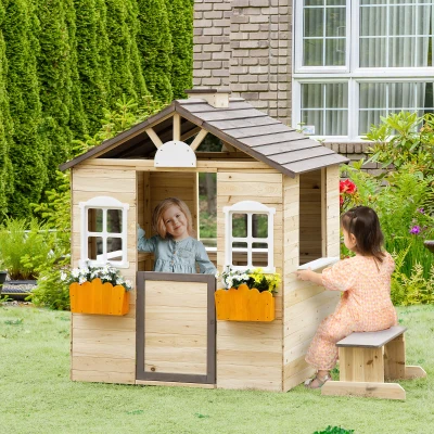 Outsunny Maison de Jeu en Bois pour Enfants avec Fenêtre Boîte aux Lettres Maison de Jardin Extérieure avec Support de Pot de Fleurs Maison de Jeu en Bois pour 3-7 Ans Bois de Pin Naturel 113 x 94 x 134,5 cm