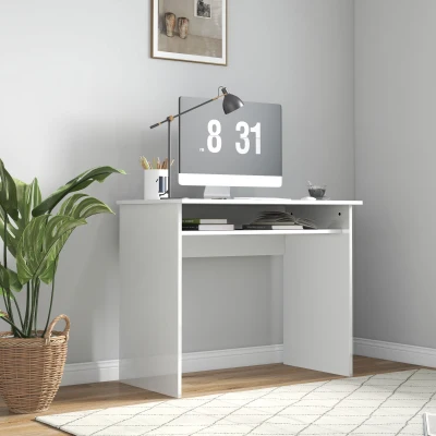 HOMCOM Schlichter und kompakter Computertisch mit 1 Regal, Spanplatten, Maße 90l x 50B x 74H cm, Lackweiß