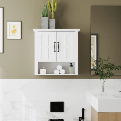 HOMCOM Armário de Parede para Casa de Banho com 2 Portas e Prateleira Ajustável e Armazenamento Aberto 60x19,8x58 cm Branco