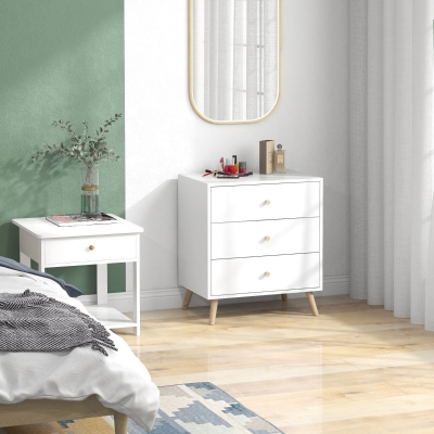 HOMCOM Kommode 3 Schubladen Skandinavisches Design Aufbewahrungsmöbel MDF Weiß Holzgriffe Konische Massivholzbeine aus Kiefer