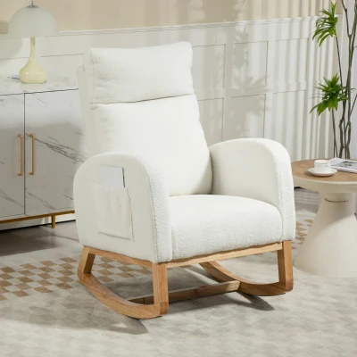 HOMCOM Fauteuil à Bascule, Fauteuil Relax, Rembourrage Épais, Housse Douillette, Cadre en Bois, Capacité de Charge de 120 kg, Crème