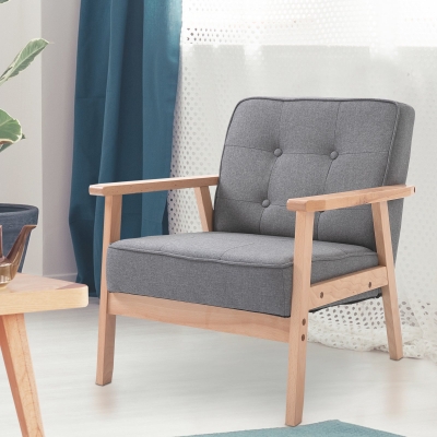 HOMCOM Fauteuil Monoplace Fauteuil de Salon en Tissu avec Accoudoirs Cadre en Bois Lin Gris 64,5 x 70 x 74 cm