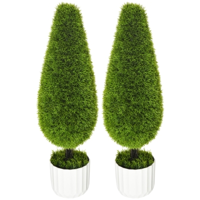 HOMCOM Ensemble de 2 Plantes Artificielles avec Pot et Mousse Artificielle; Cyprès Artificiel, Blanc + Vert