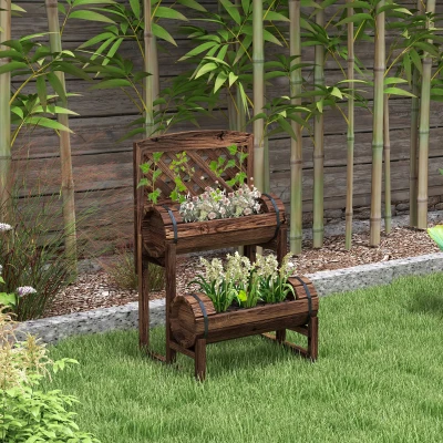 Outsunny Erhöhter Pflanzkasten mit 2 Ebenen und Rankgitter für Terrasse, Balkon, Garten, Maße 42L x 49B x 80H cm