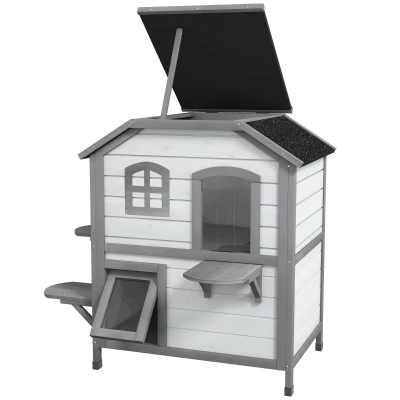 PawHut Maison pour Chats Cabane pour Chats Niche, 2 Étages, résistante aux intempéries, 78,1 cm x 55,2 cm x 90,8 cm, Blanc + Gris clair