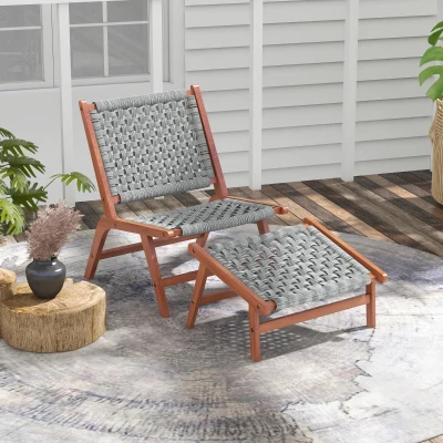Outsunny Garten-Sessel mit Fußhocker - Relaxsessel aus Akazienholz und geflochtenem Harzseil - Natur, Grau