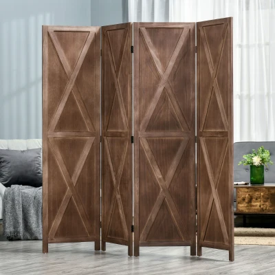 HOMCOM Innenraum-Paravent 4 Paneele 182 x 170 cm ländlich-schicker Stil Raumteiler mit Kreuzgittern Nussbaum