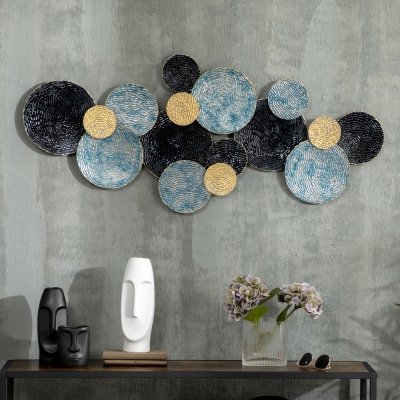 HOMCOM Décoration Murale 3D avec Cercles 121 cm x 4 cm x 53 cm en Métal Bleu + Noir