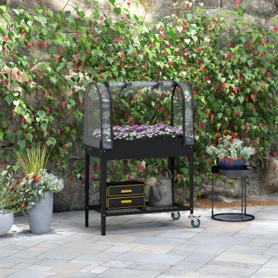 Outsunny Erhöhte Pflanzschale mit transparenter Abdeckung, 2 Rädern und 1 unterer Ablage, Maße 80L x 40B x 120H cm