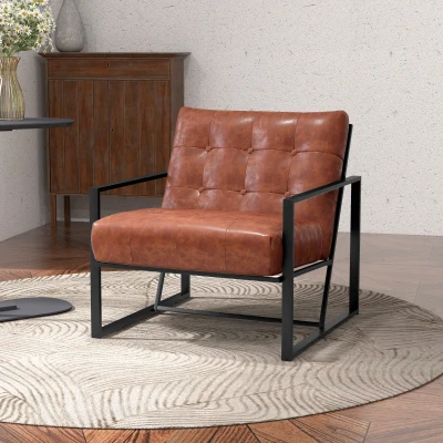 HOMCOM Lounge-Sessel Chesterfield Relaxsessel mit gepolsterter Sitz- und Rückenlehne, schwarzes Metallgestell, rotes Kunstleder