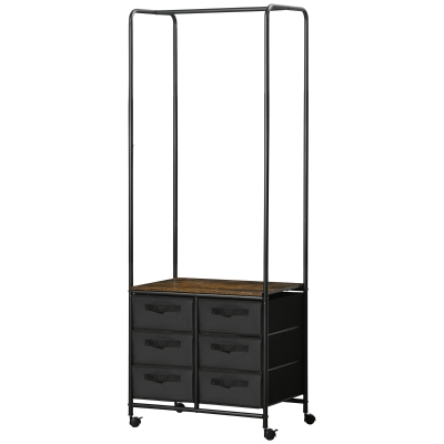 HOMCOM Kleiderständer im industriellen Stil mit 6 Stoffschubladen und 4 Rollen 63,5 x 40 x 172,5 cm Schwarz Braun