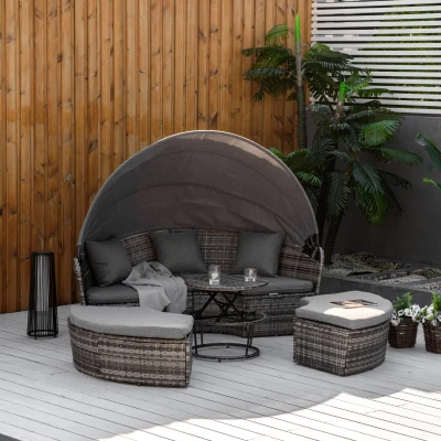 Outsunny Îlot de Soleil Salon de Jardin en Rotin PE, incl. Coussins, 175 cm x 180 cm x 147 cm, Gris