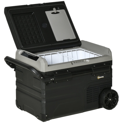 Outsunny Glacière Auto 40L avec Éclairage LED Compresseur Réfrigérateur de Voiture avec Poignées Roulettes de Transport Bateau Camping-car Voyage 12/24V CC et 110-240V AC Gris+Noir